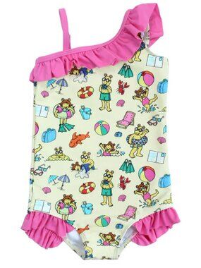 Arthur x Emerson & Friends Girls Swimsuit 2T One Shoulder Ruffle Pink Beach Pool